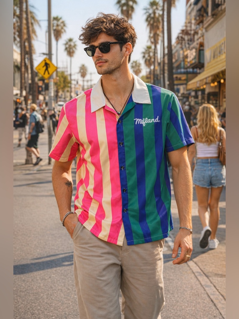Miland Colorblock Striped Button Up Shirt Men's Small Multicolor Retro Polyester